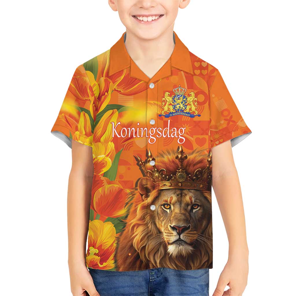 Personalized Netherlands Koningsdag Family Matching Off Shoulder Short Dress and Hawaiian Shirt 27th April Lion with Orange Tulip