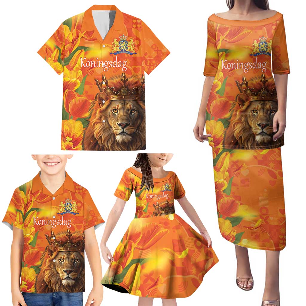Personalized Netherlands Koningsdag Family Matching Puletasi and Hawaiian Shirt 27th April Lion with Orange Tulip