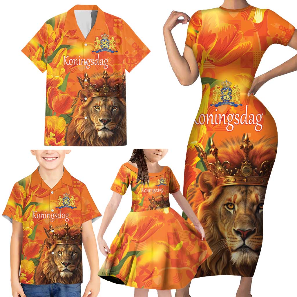 Personalized Netherlands Koningsdag Family Matching Short Sleeve Bodycon Dress and Hawaiian Shirt 27th April Lion with Orange Tulip
