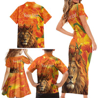 Personalized Netherlands Koningsdag Family Matching Short Sleeve Bodycon Dress and Hawaiian Shirt 27th April Lion with Orange Tulip