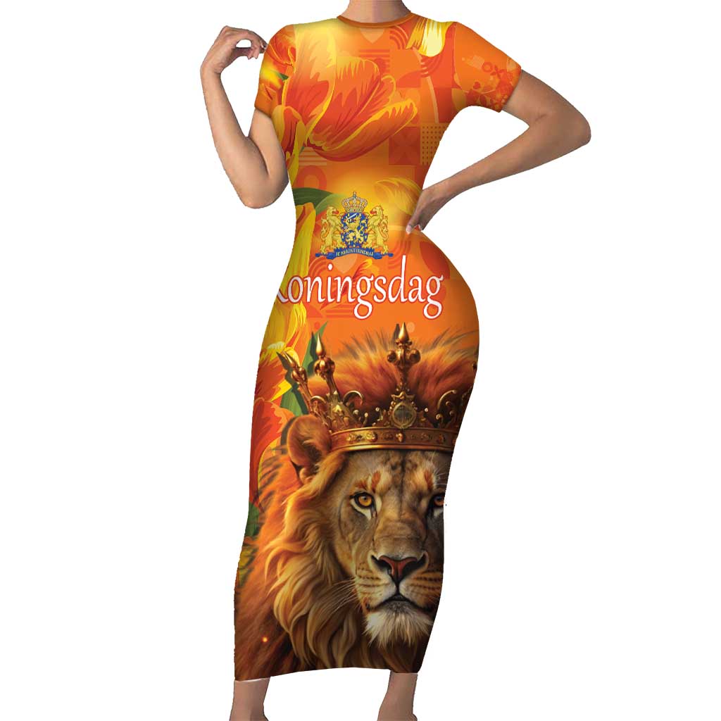 Personalized Netherlands Koningsdag Family Matching Short Sleeve Bodycon Dress and Hawaiian Shirt 27th April Lion with Orange Tulip