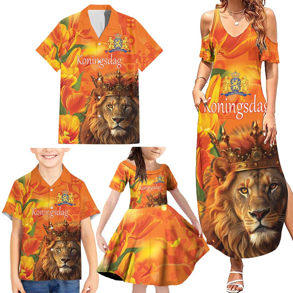 Personalized Netherlands Koningsdag Family Matching Summer Maxi Dress and Hawaiian Shirt 27th April Lion with Orange Tulip
