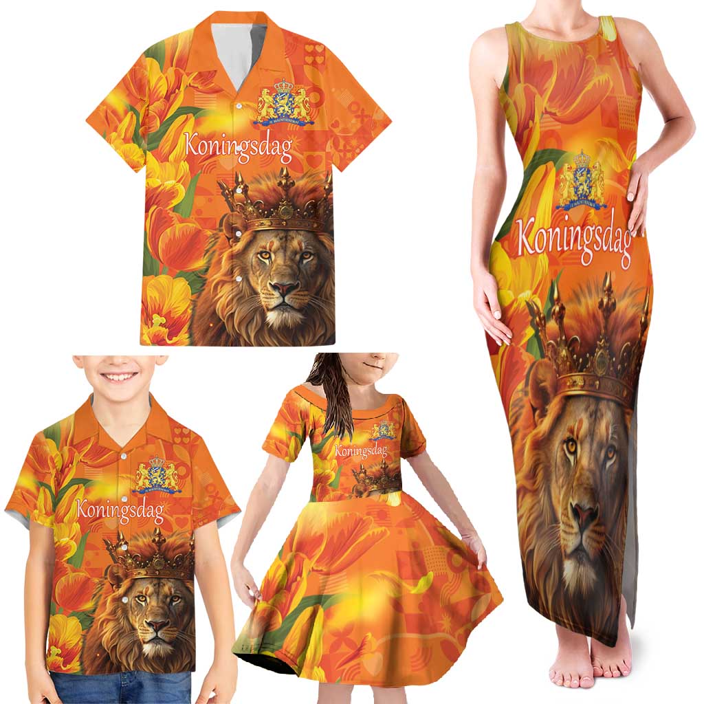Personalized Netherlands Koningsdag Family Matching Tank Maxi Dress and Hawaiian Shirt 27th April Lion with Orange Tulip