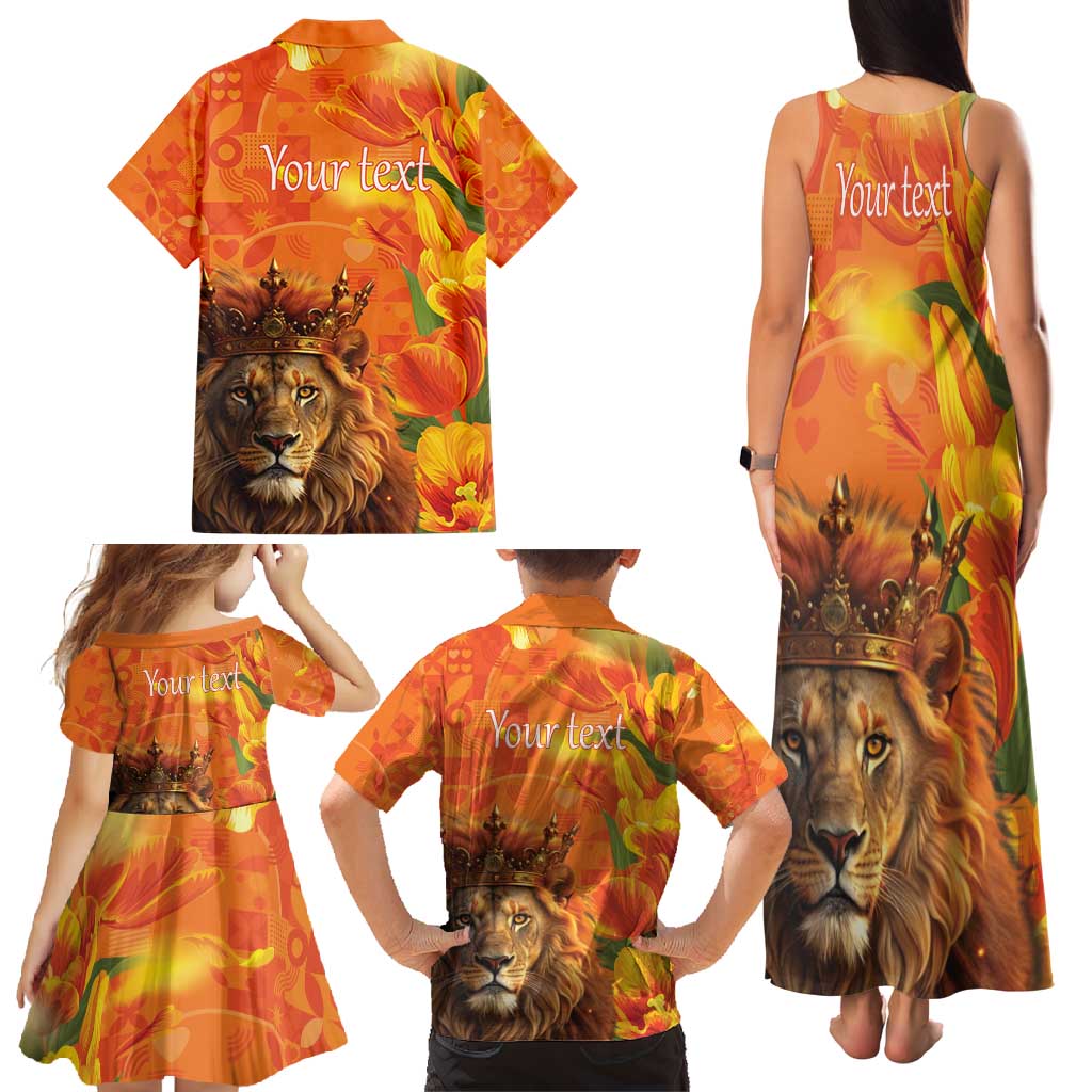 Personalized Netherlands Koningsdag Family Matching Tank Maxi Dress and Hawaiian Shirt 27th April Lion with Orange Tulip