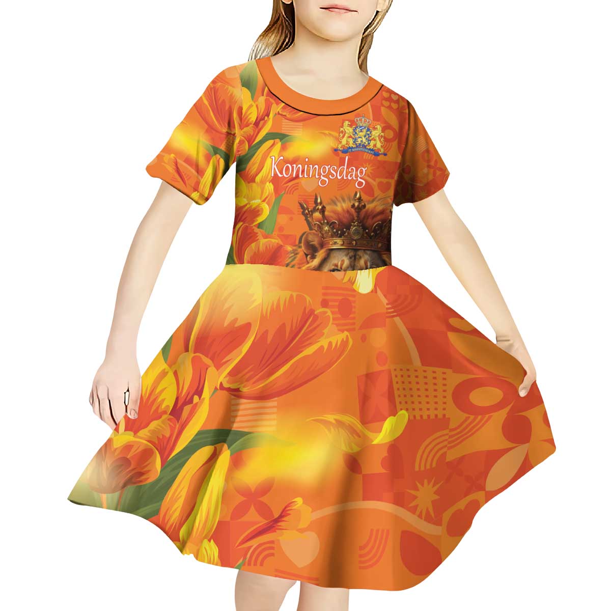 Personalized Netherlands Koningsdag Kid Short Sleeve Dress 27th April Lion with Orange Tulip