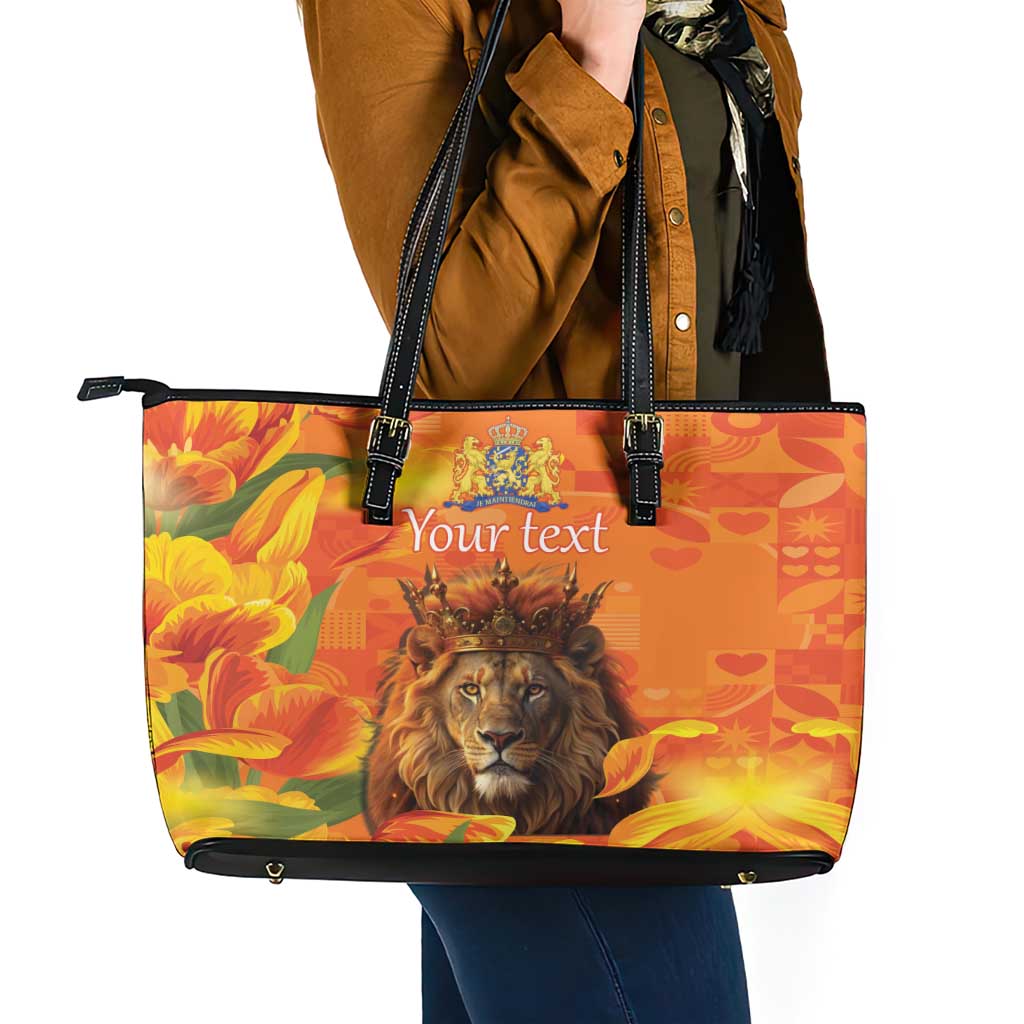 Personalized Netherlands Koningsdag Leather Tote Bag 27th April Lion with Orange Tulip