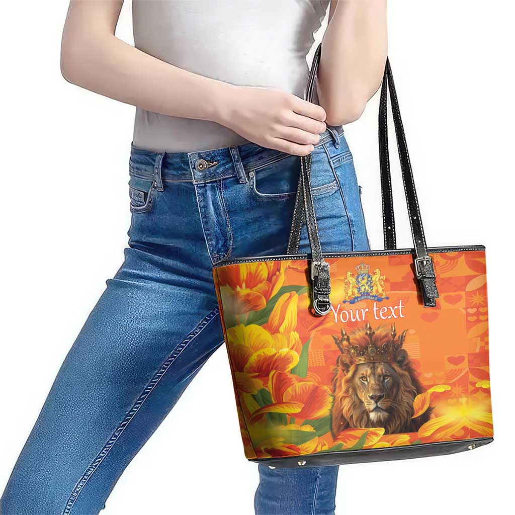 Personalized Netherlands Koningsdag Leather Tote Bag 27th April Lion with Orange Tulip