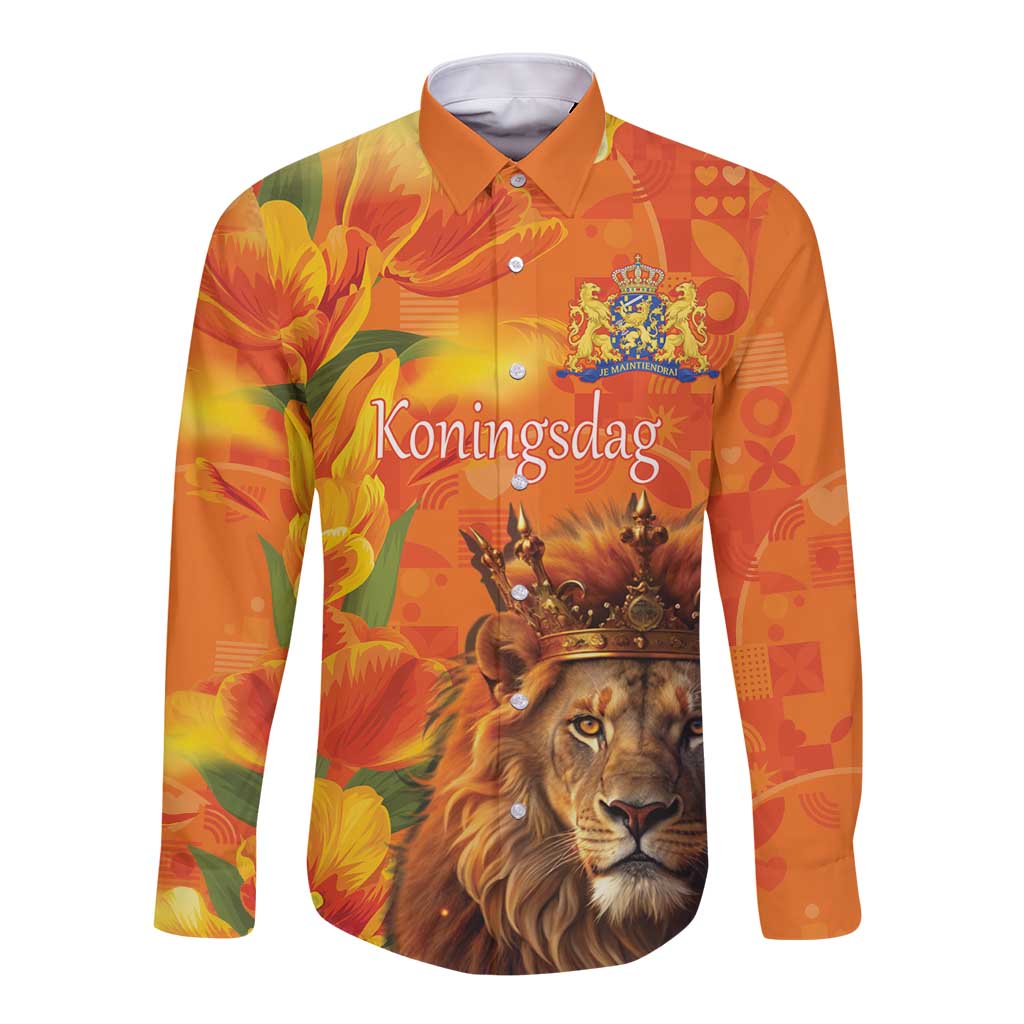 Personalized Netherlands Koningsdag Long Sleeve Button Shirt 27th April Lion with Orange Tulip