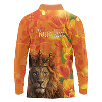 Personalized Netherlands Koningsdag Long Sleeve Polo Shirt 27th April Lion with Orange Tulip