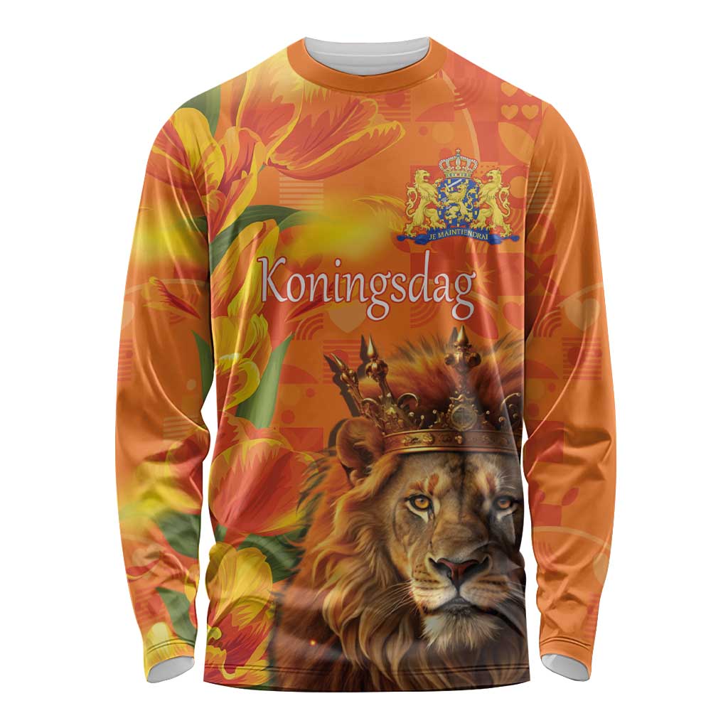 Personalized Netherlands Koningsdag Long Sleeve Shirt 27th April Lion with Orange Tulip