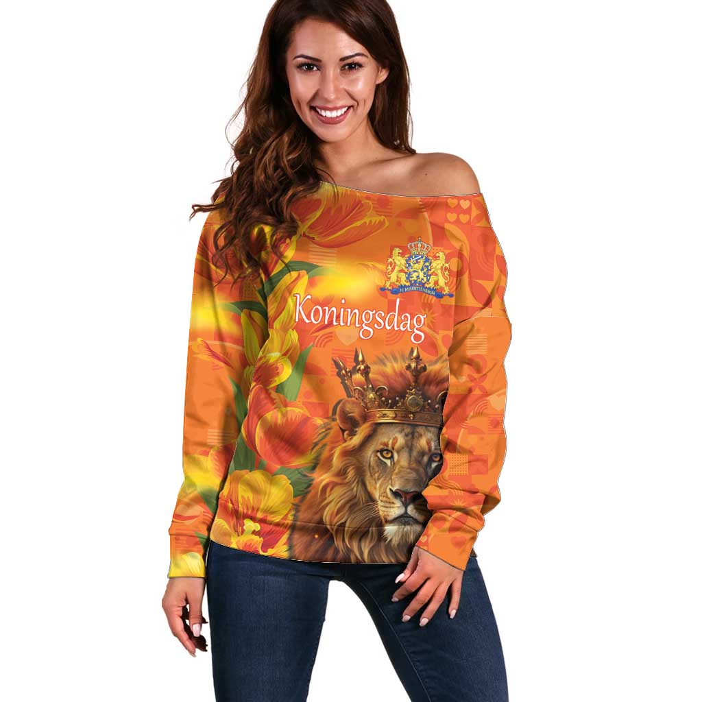 Personalized Netherlands Koningsdag Off Shoulder Sweater 27th April Lion with Orange Tulip