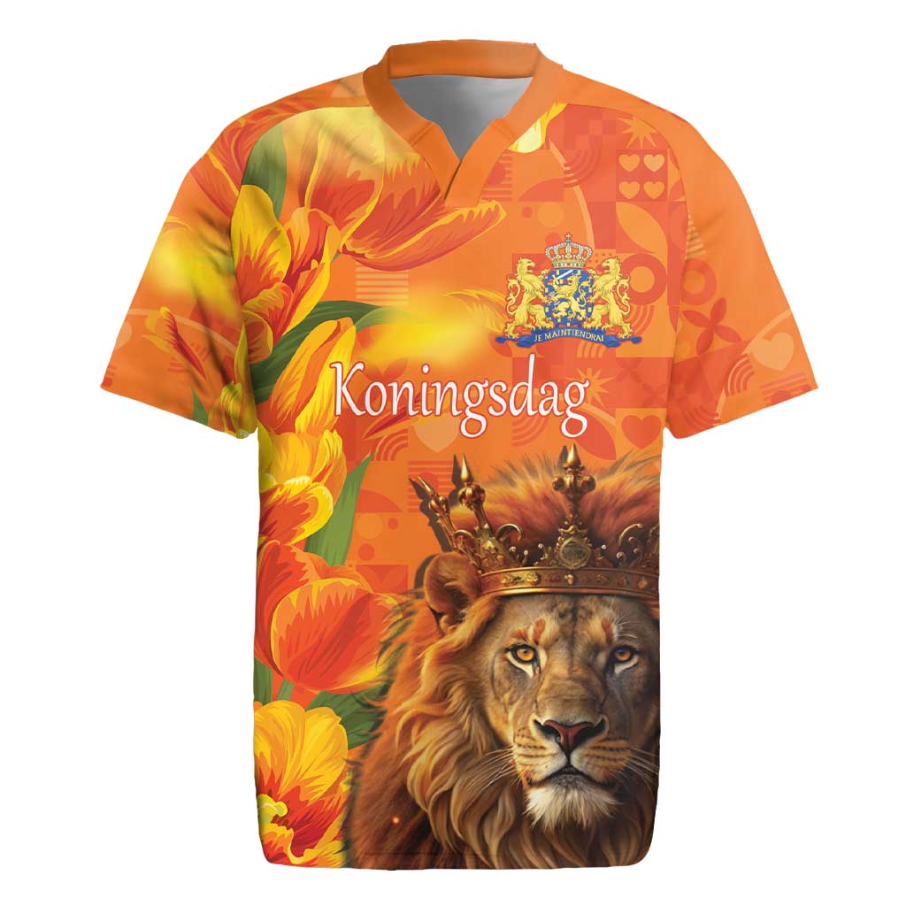 Personalized Netherlands Koningsdag Rugby Jersey 27th April Lion with Orange Tulip