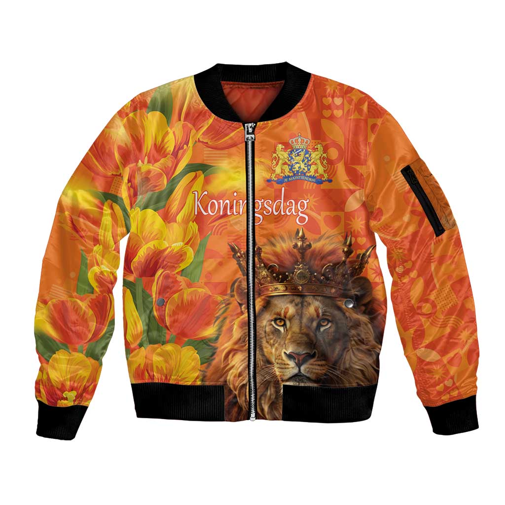 Personalized Netherlands Koningsdag Sleeve Zip Bomber Jacket 27th April Lion with Orange Tulip