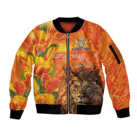 Personalized Netherlands Koningsdag Sleeve Zip Bomber Jacket 27th April Lion with Orange Tulip