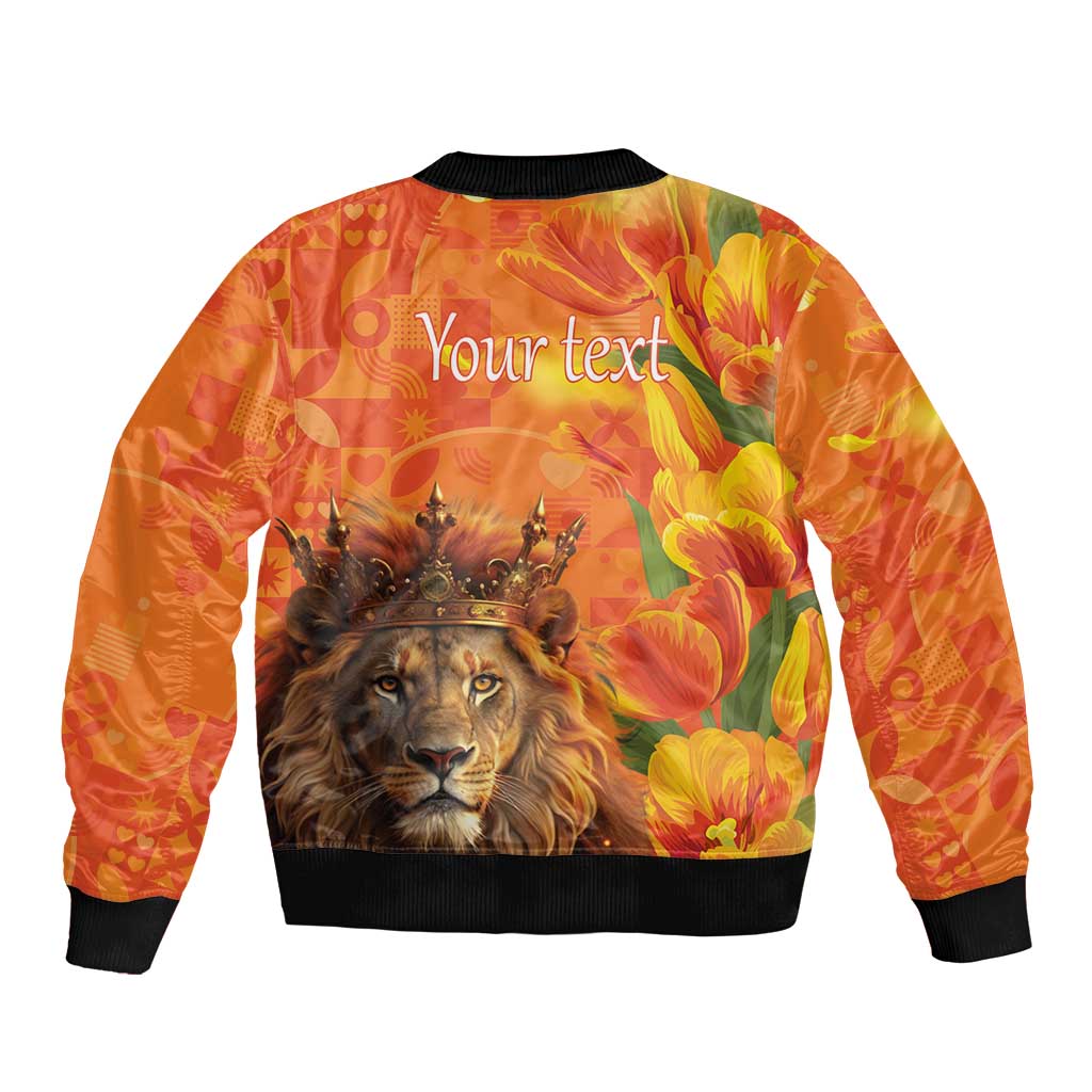 Personalized Netherlands Koningsdag Sleeve Zip Bomber Jacket 27th April Lion with Orange Tulip