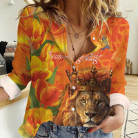 Personalized Netherlands Koningsdag Women Casual Shirt 27th April Lion with Orange Tulip