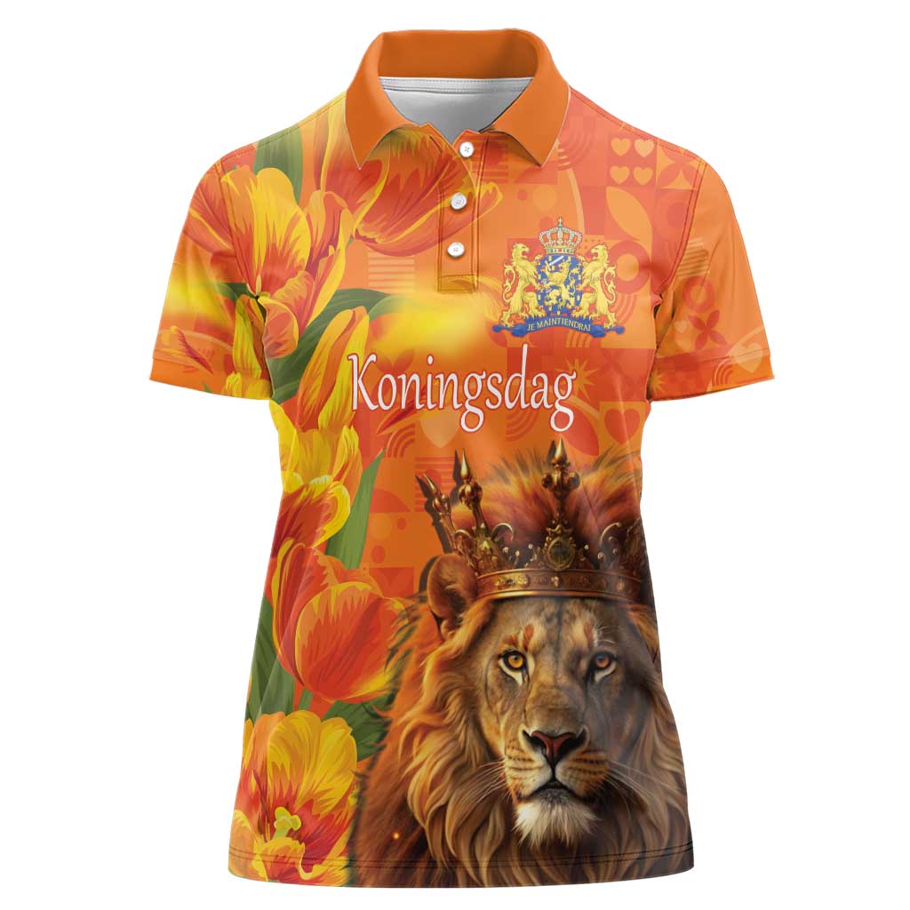 Personalized Netherlands Koningsdag Women Polo Shirt 27th April Lion with Orange Tulip