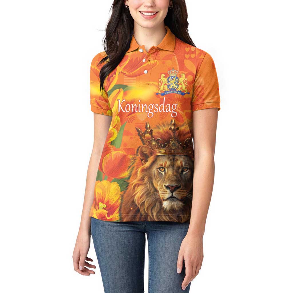 Personalized Netherlands Koningsdag Women Polo Shirt 27th April Lion with Orange Tulip
