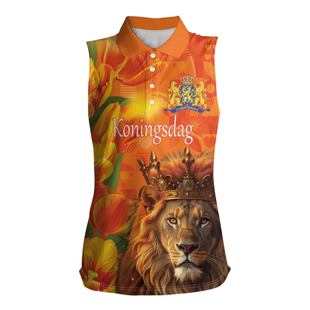 Personalized Netherlands Koningsdag Women Sleeveless Polo Shirt 27th April Lion with Orange Tulip