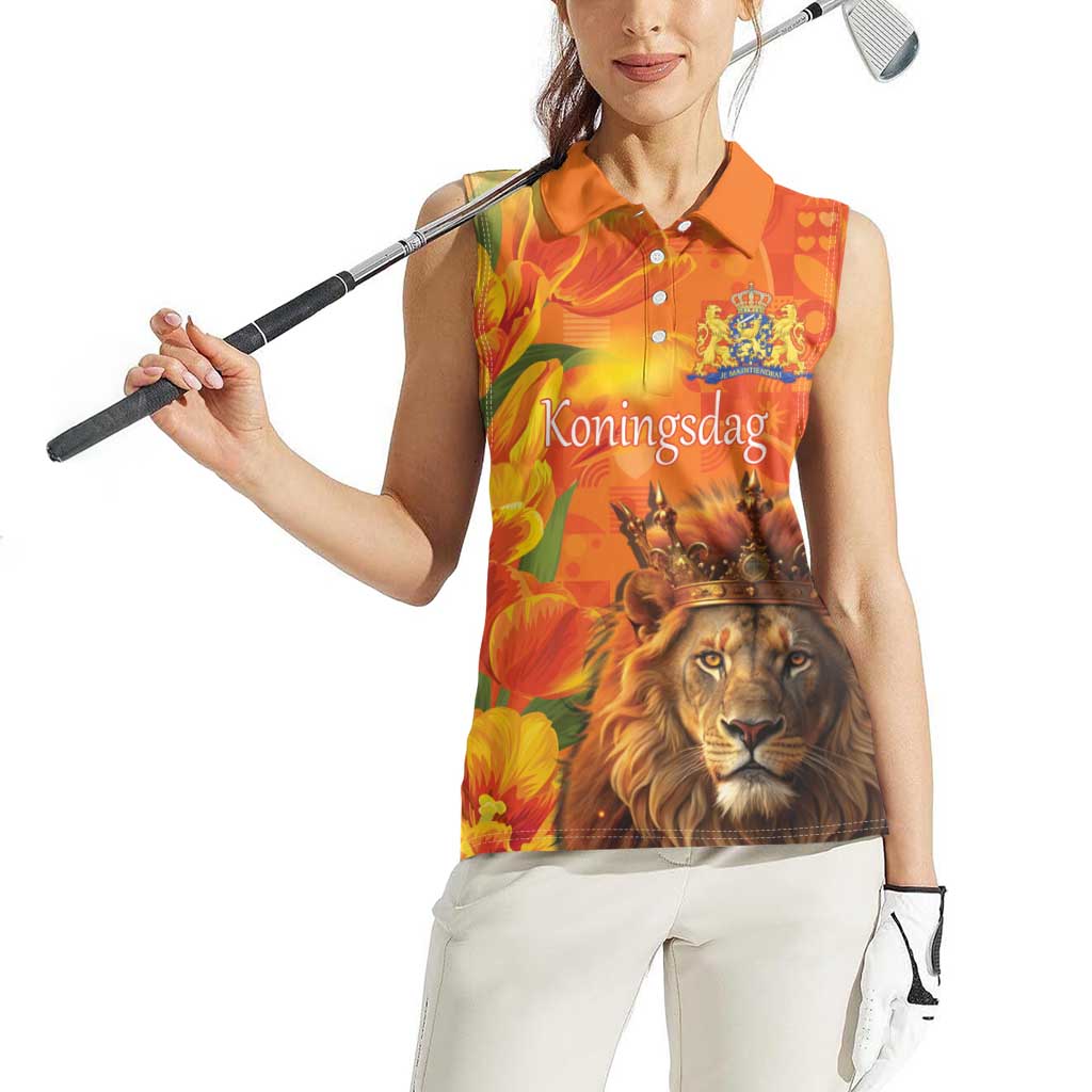 Personalized Netherlands Koningsdag Women Sleeveless Polo Shirt 27th April Lion with Orange Tulip
