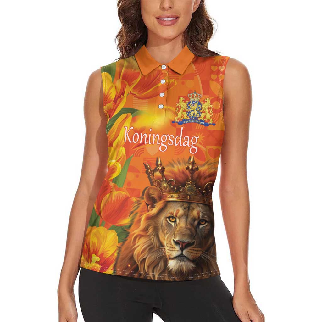 Personalized Netherlands Koningsdag Women Sleeveless Polo Shirt 27th April Lion with Orange Tulip