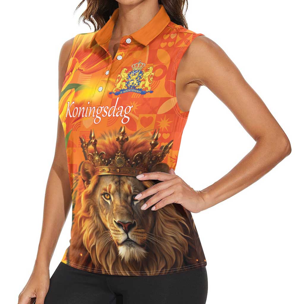 Personalized Netherlands Koningsdag Women Sleeveless Polo Shirt 27th April Lion with Orange Tulip