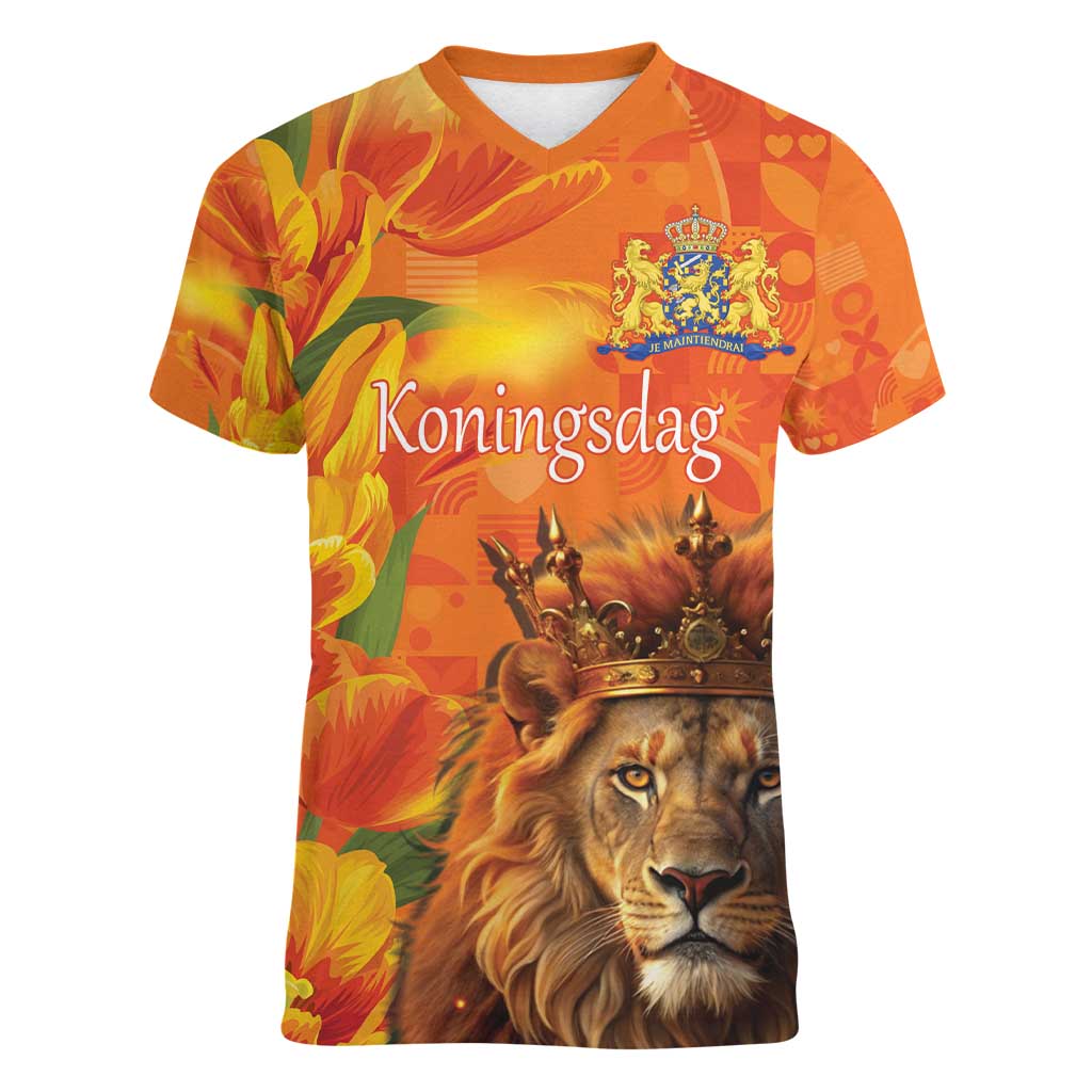 Personalized Netherlands Koningsdag Women V-Neck T-Shirt 27th April Lion with Orange Tulip