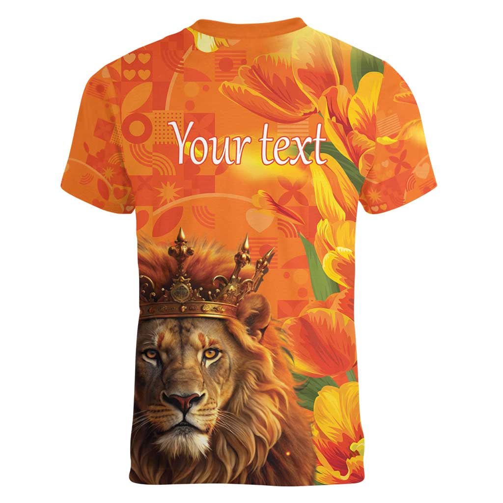 Personalized Netherlands Koningsdag Women V-Neck T-Shirt 27th April Lion with Orange Tulip