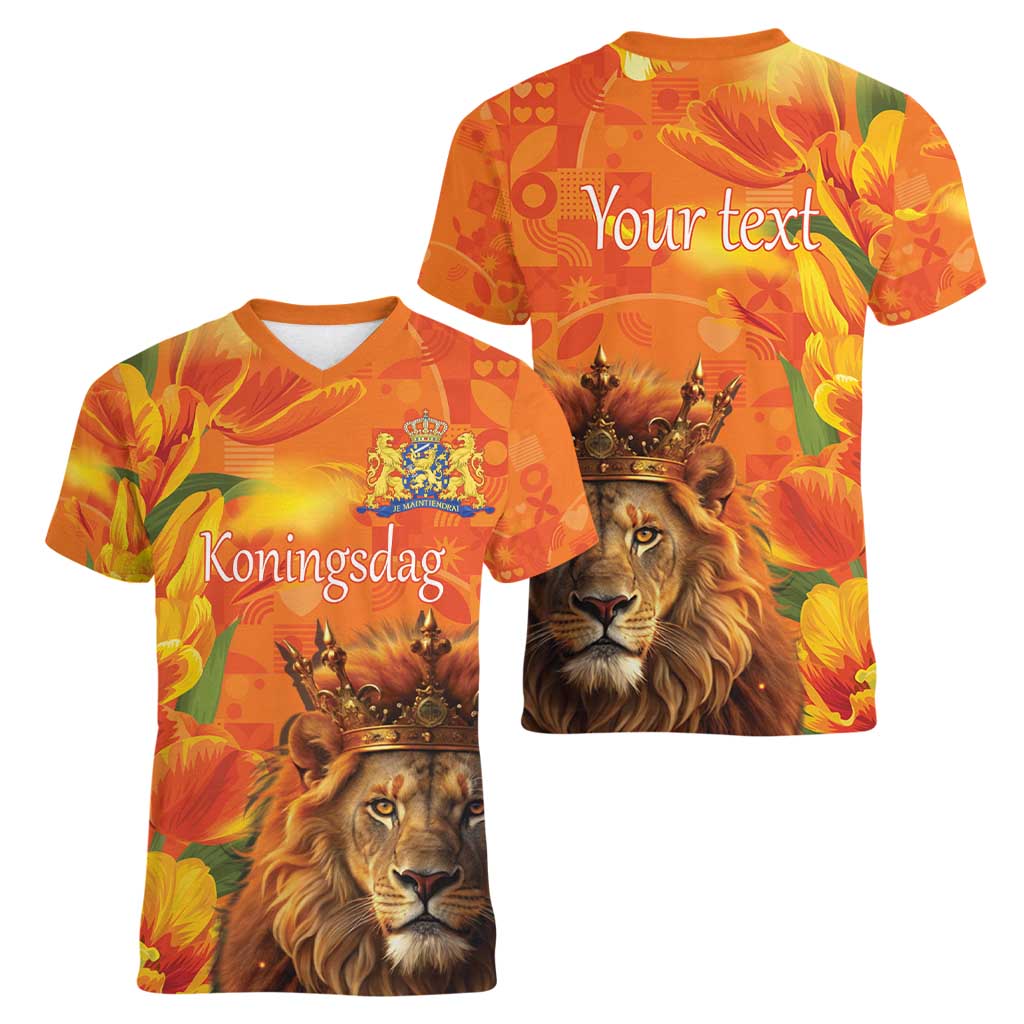 Personalized Netherlands Koningsdag Women V-Neck T-Shirt 27th April Lion with Orange Tulip