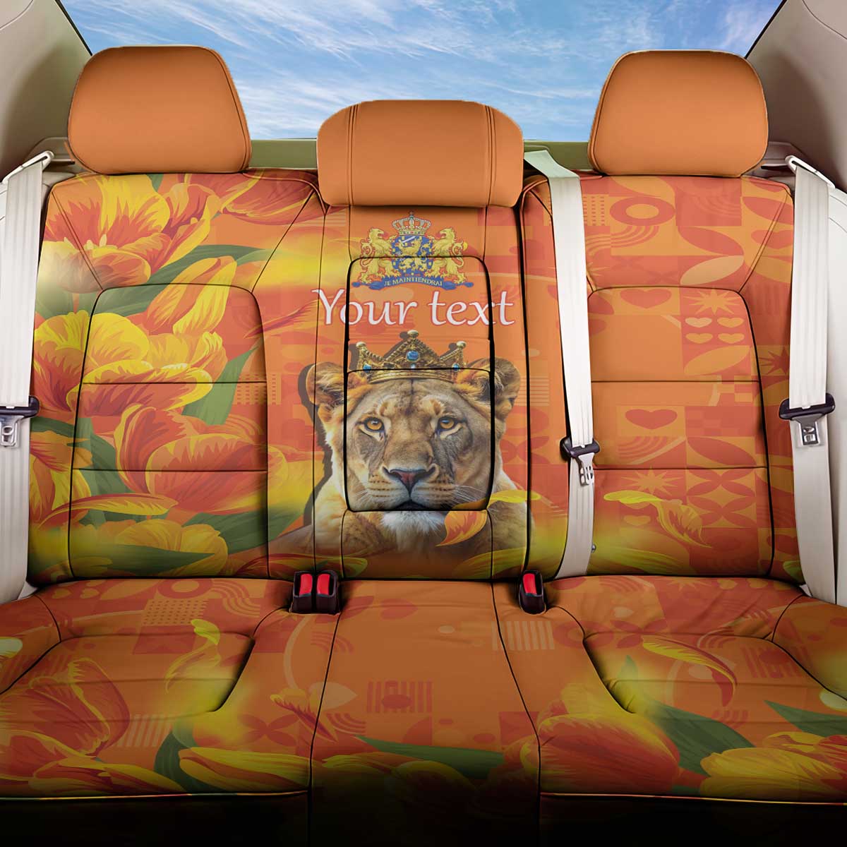 Personalized Netherlands Koninginnedag Back Car Seat Cover 30th April Lioness with Orange Tulip
