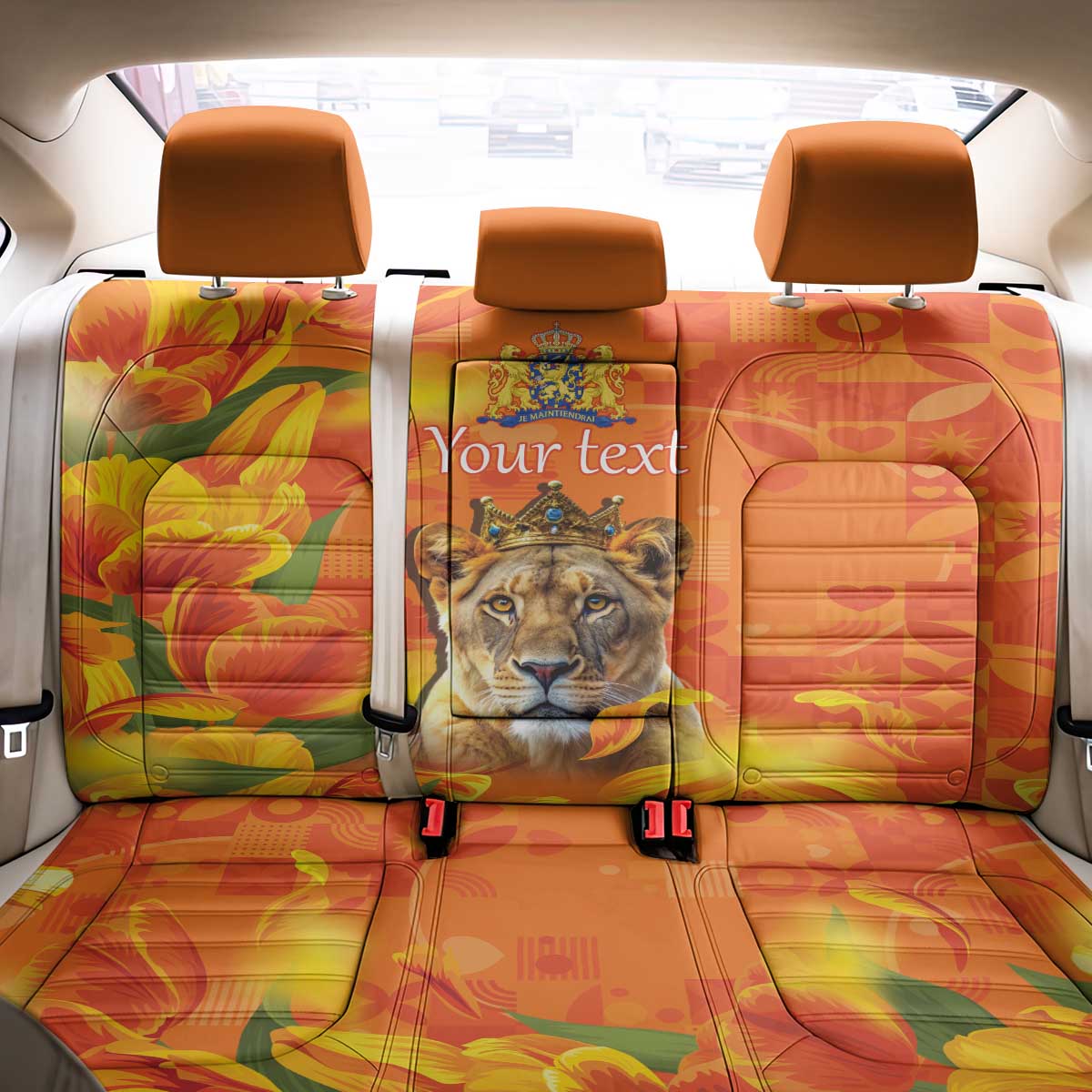 Personalized Netherlands Koninginnedag Back Car Seat Cover 30th April Lioness with Orange Tulip