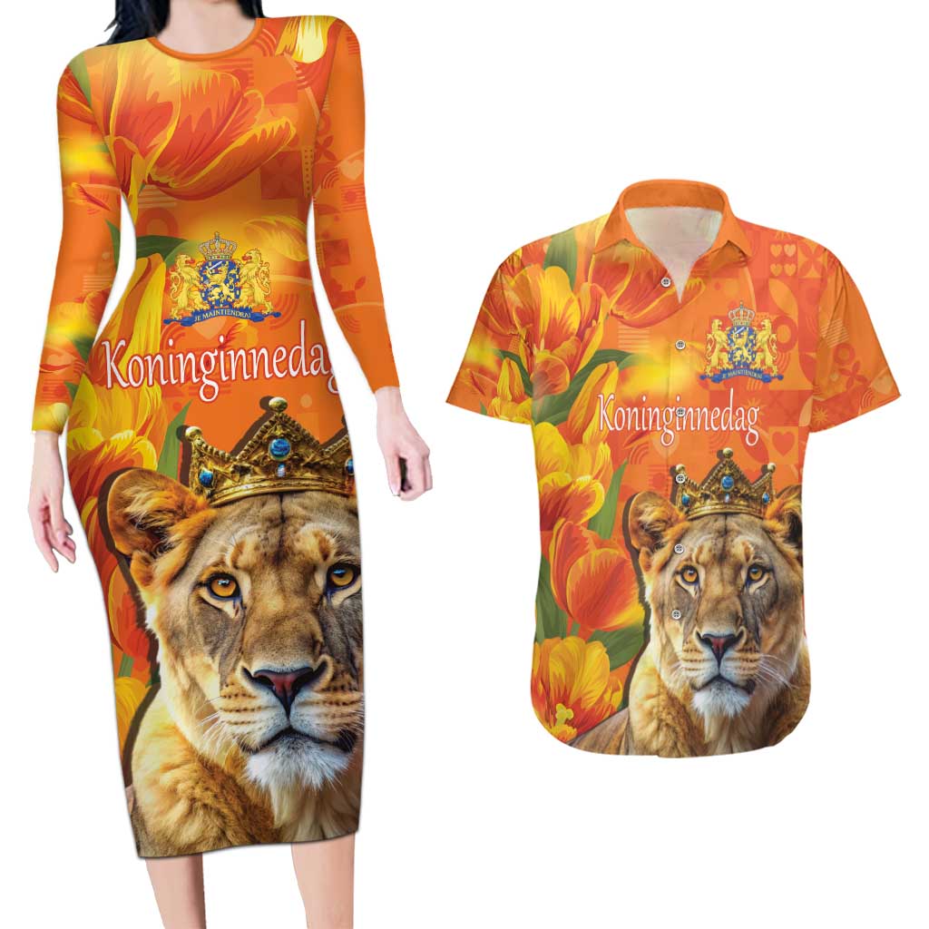 Personalized Netherlands Koninginnedag Couples Matching Long Sleeve Bodycon Dress and Hawaiian Shirt 30th April Lioness with Orange Tulip