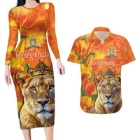 Personalized Netherlands Koninginnedag Couples Matching Long Sleeve Bodycon Dress and Hawaiian Shirt 30th April Lioness with Orange Tulip