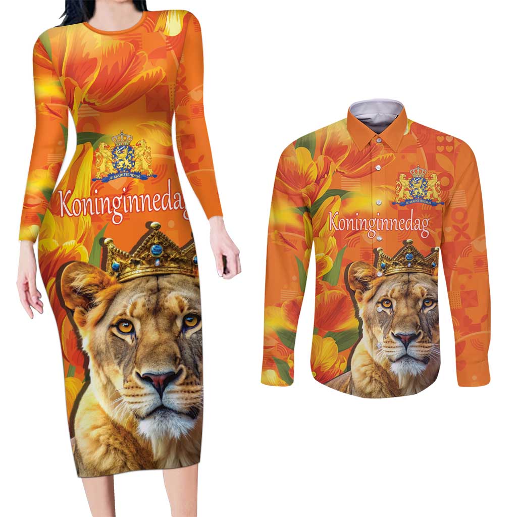 Personalized Netherlands Koninginnedag Couples Matching Long Sleeve Bodycon Dress and Long Sleeve Button Shirt 30th April Lioness with Orange Tulip