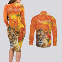 Personalized Netherlands Koninginnedag Couples Matching Long Sleeve Bodycon Dress and Long Sleeve Button Shirt 30th April Lioness with Orange Tulip