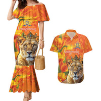 Personalized Netherlands Koninginnedag Couples Matching Mermaid Dress and Hawaiian Shirt 30th April Lioness with Orange Tulip