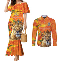 Personalized Netherlands Koninginnedag Couples Matching Mermaid Dress and Long Sleeve Button Shirt 30th April Lioness with Orange Tulip
