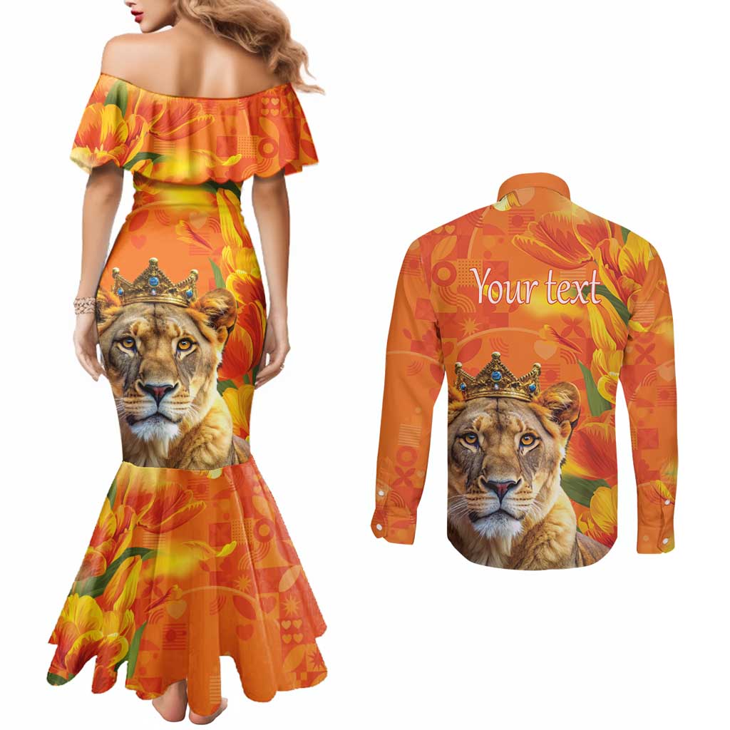 Personalized Netherlands Koninginnedag Couples Matching Mermaid Dress and Long Sleeve Button Shirt 30th April Lioness with Orange Tulip