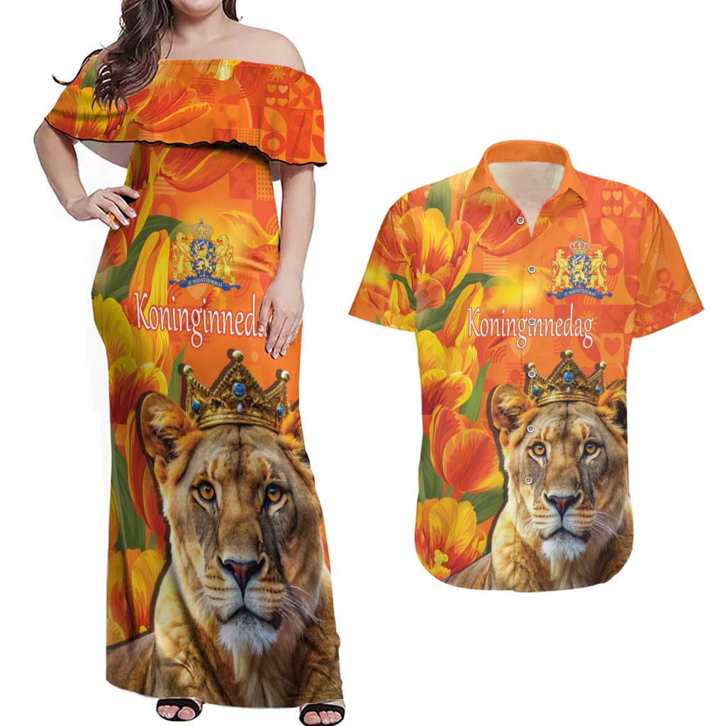 Personalized Netherlands Koninginnedag Couples Matching Off Shoulder Maxi Dress and Hawaiian Shirt 30th April Lioness with Orange Tulip
