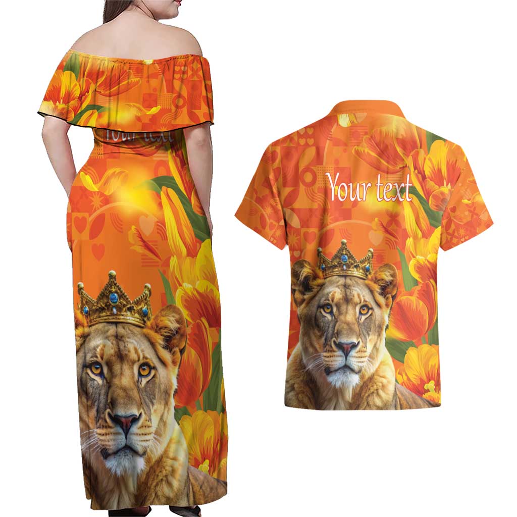 Personalized Netherlands Koninginnedag Couples Matching Off Shoulder Maxi Dress and Hawaiian Shirt 30th April Lioness with Orange Tulip
