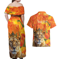 Personalized Netherlands Koninginnedag Couples Matching Off Shoulder Maxi Dress and Hawaiian Shirt 30th April Lioness with Orange Tulip