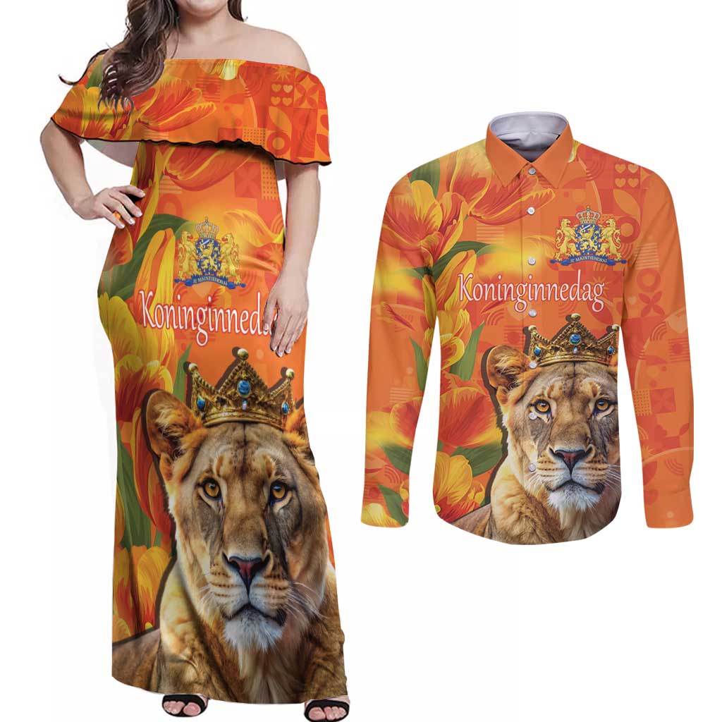 Personalized Netherlands Koninginnedag Couples Matching Off Shoulder Maxi Dress and Long Sleeve Button Shirt 30th April Lioness with Orange Tulip