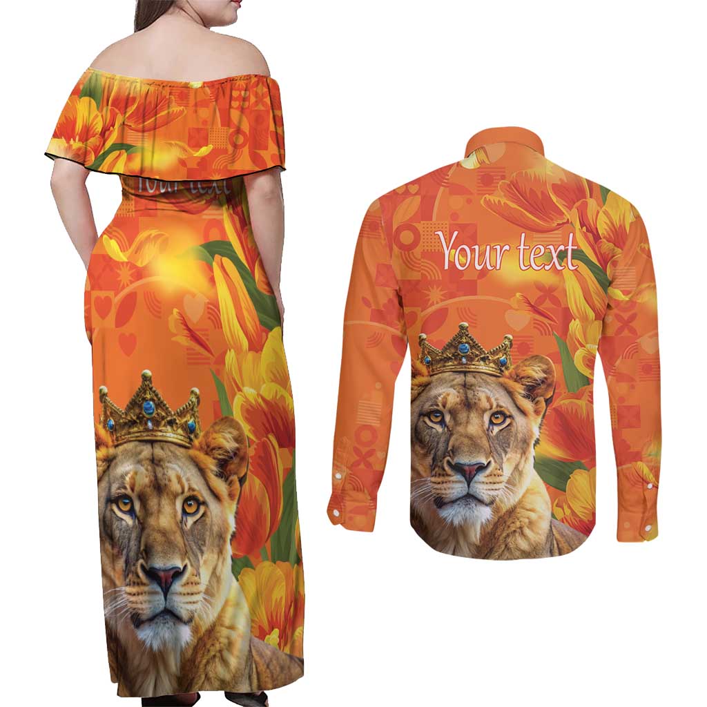 Personalized Netherlands Koninginnedag Couples Matching Off Shoulder Maxi Dress and Long Sleeve Button Shirt 30th April Lioness with Orange Tulip