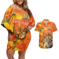 Personalized Netherlands Koninginnedag Couples Matching Off Shoulder Short Dress and Hawaiian Shirt 30th April Lioness with Orange Tulip
