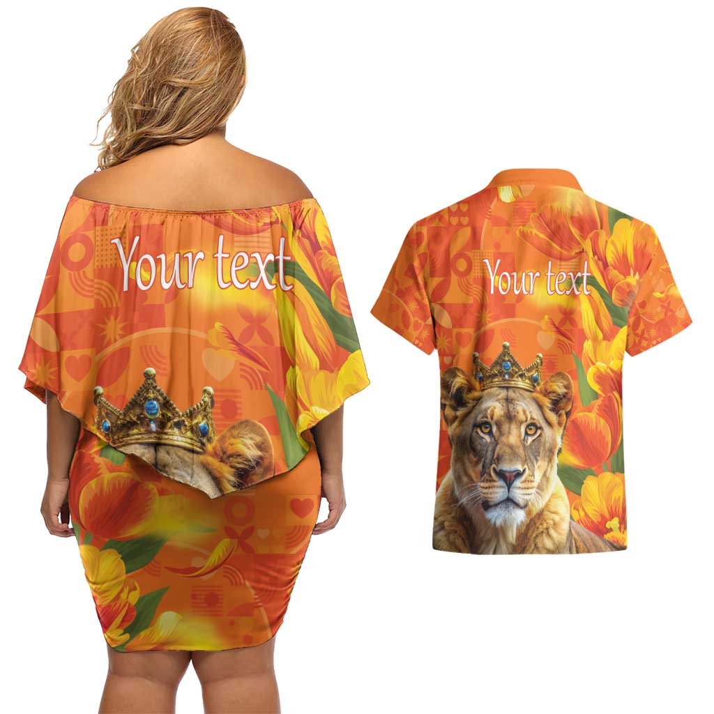 Personalized Netherlands Koninginnedag Couples Matching Off Shoulder Short Dress and Hawaiian Shirt 30th April Lioness with Orange Tulip