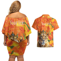 Personalized Netherlands Koninginnedag Couples Matching Off Shoulder Short Dress and Hawaiian Shirt 30th April Lioness with Orange Tulip