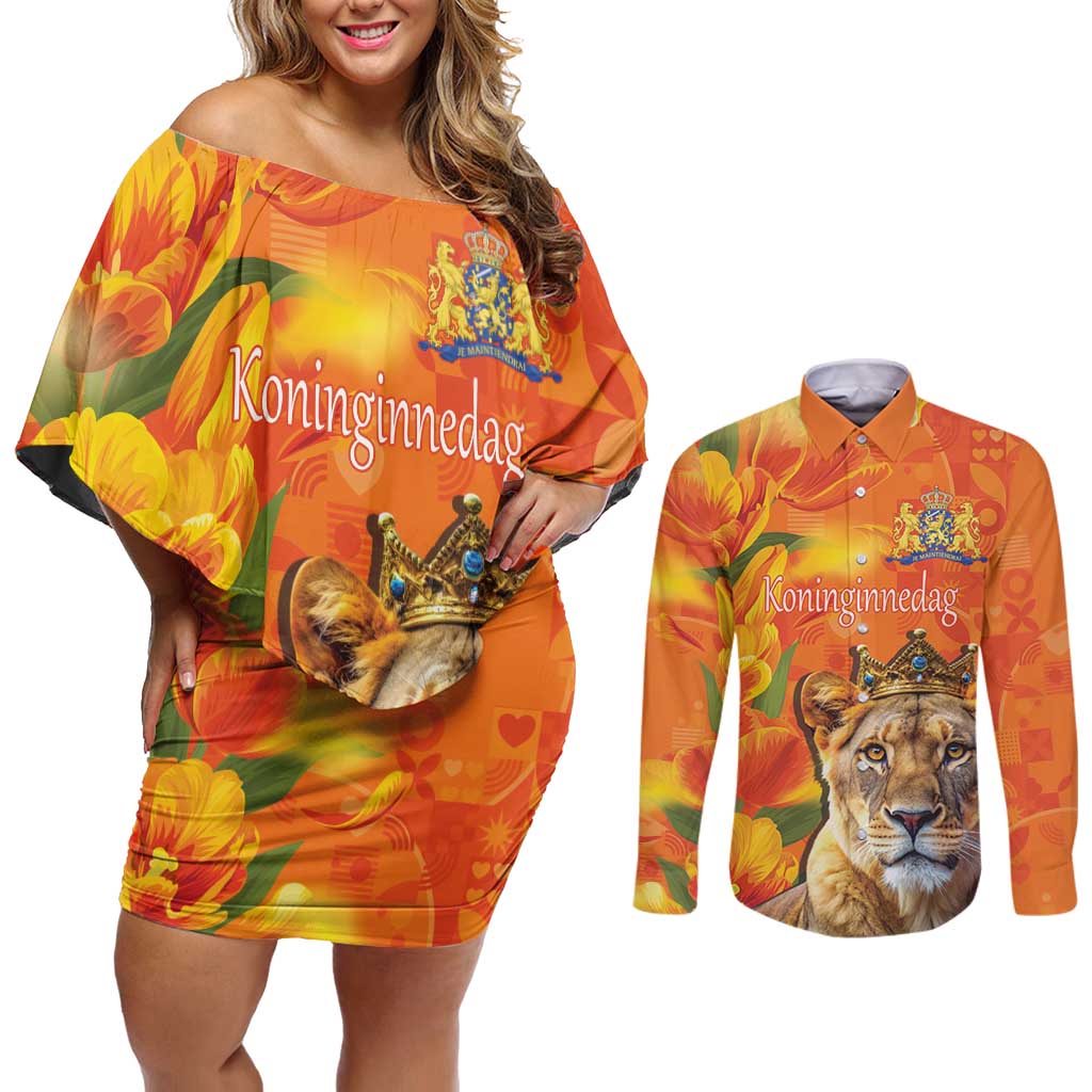 Personalized Netherlands Koninginnedag Couples Matching Off Shoulder Short Dress and Long Sleeve Button Shirt 30th April Lioness with Orange Tulip