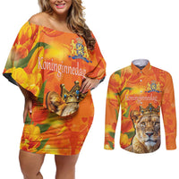 Personalized Netherlands Koninginnedag Couples Matching Off Shoulder Short Dress and Long Sleeve Button Shirt 30th April Lioness with Orange Tulip