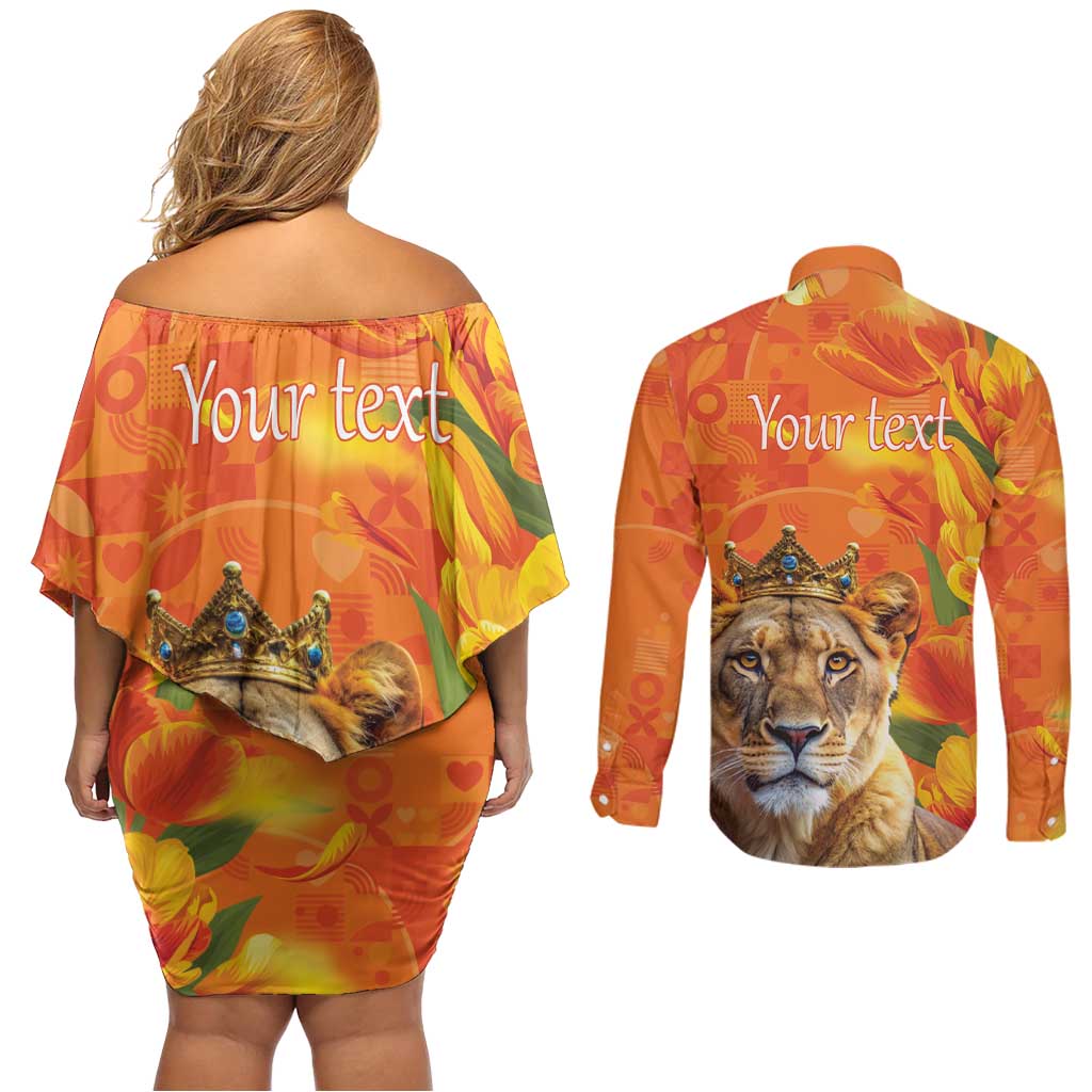 Personalized Netherlands Koninginnedag Couples Matching Off Shoulder Short Dress and Long Sleeve Button Shirt 30th April Lioness with Orange Tulip