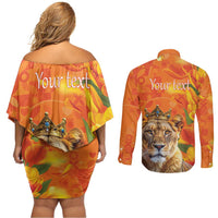 Personalized Netherlands Koninginnedag Couples Matching Off Shoulder Short Dress and Long Sleeve Button Shirt 30th April Lioness with Orange Tulip